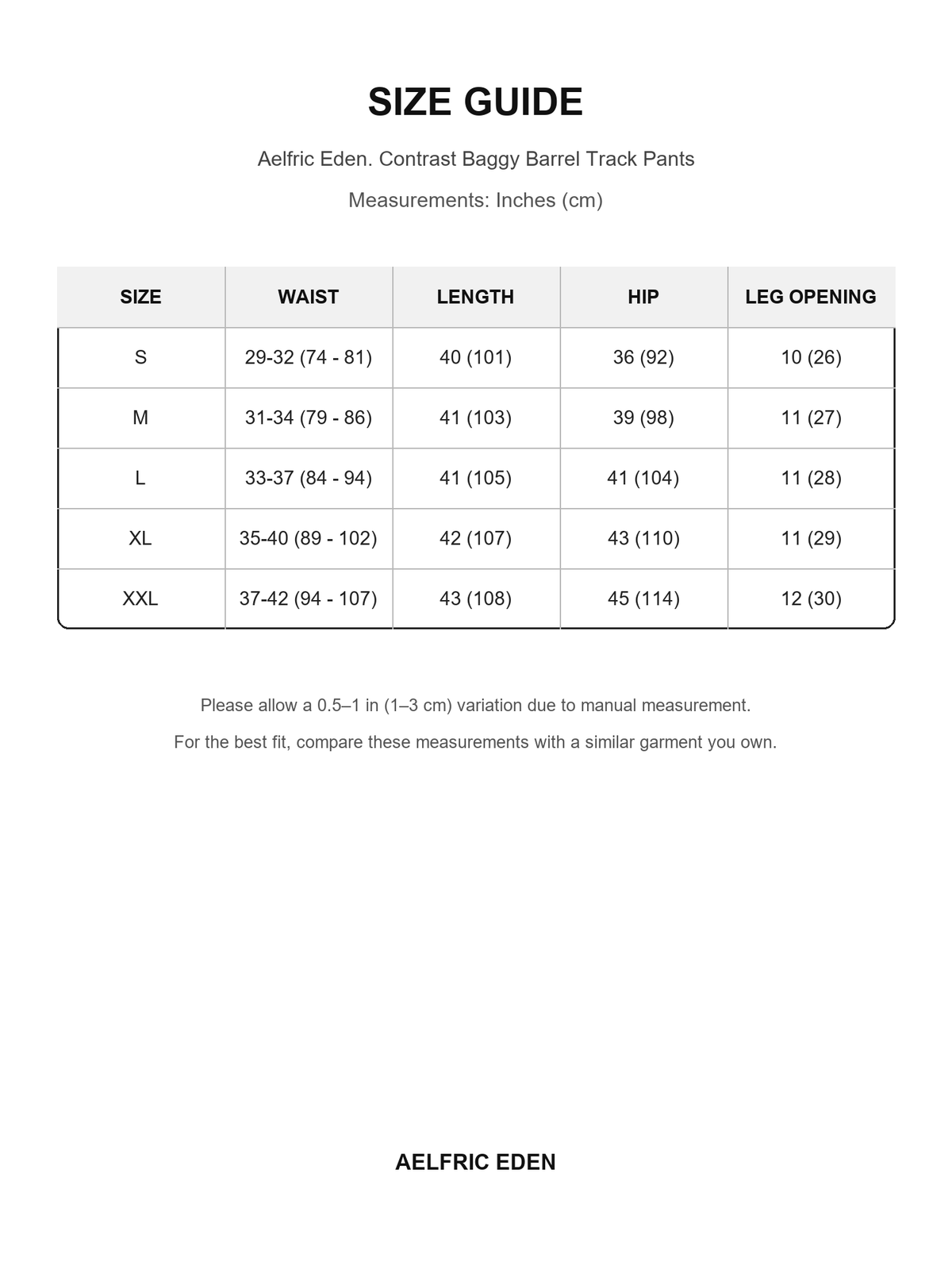 Aelfric Eden 46 size guide — Inches (cm)