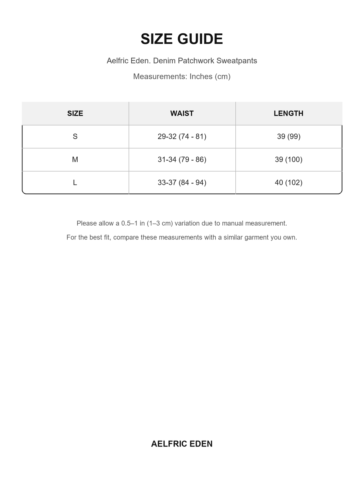Aelfric Eden 48 size guide — Inches (cm)