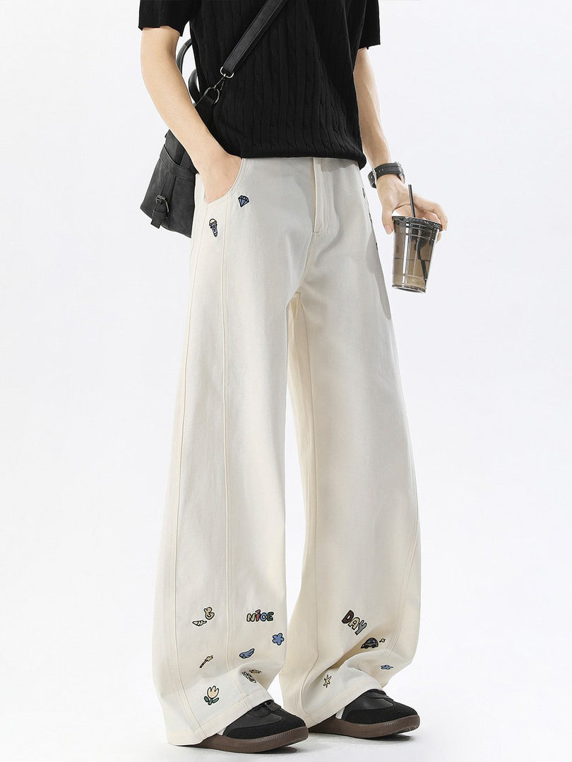 Ace Jolun Street‑Brand Cartoon‑Embroidered Curved‑Cut Cargo Pants