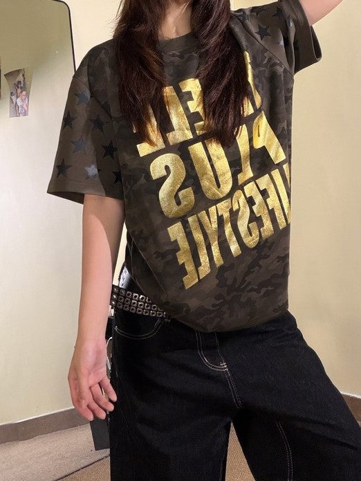 Ace Jolun Camouflage Gold‑Foil‑Print Star Soft‑Alt‑Style T‑Shirt