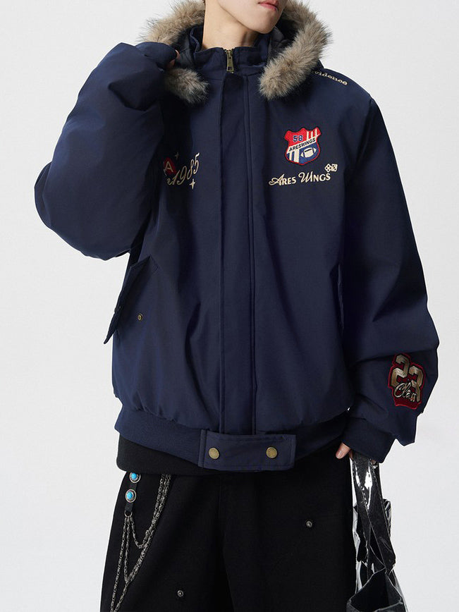 Ace Jolun Vintage Badge‑Embroidered Fur‑Trim Hooded Padded Jacket