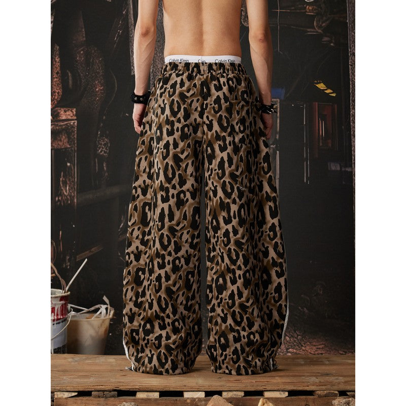 Ace Jolun【New Arrival】Alternative‑Style Leopard‑Print Faux‑Leather Line‑Detail Barrel‑Cut Pants