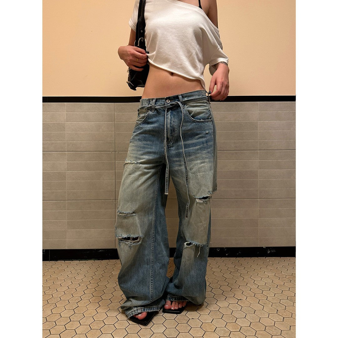 Ace Jolun Washed Whiskered Ripped Curved‑Cut Jeans