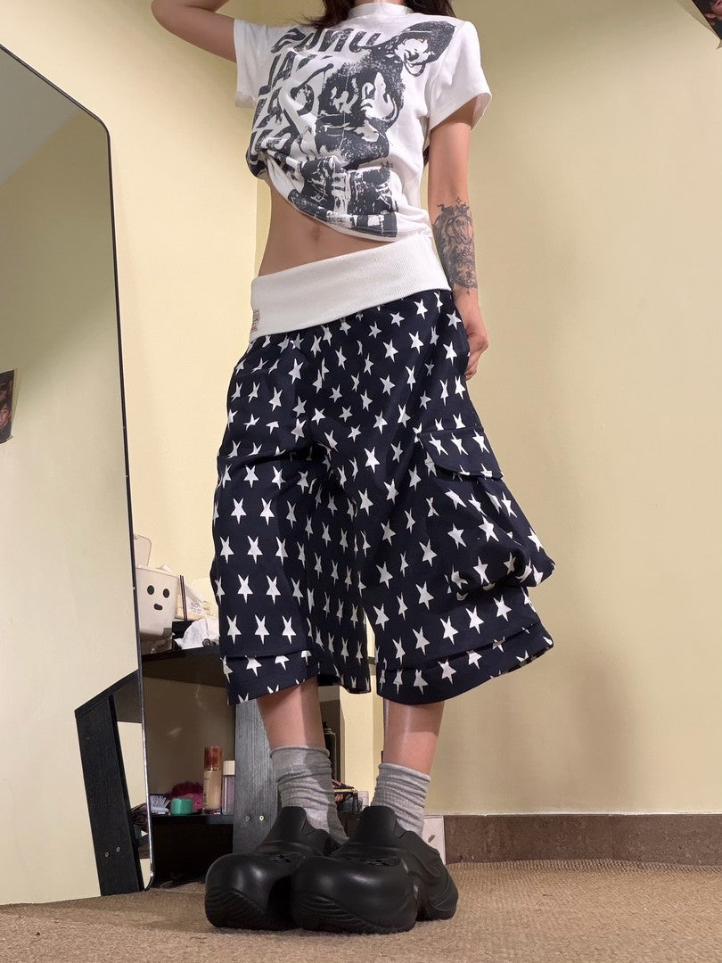 Ace Jolun All‑Over Star‑Print Casual Multi‑Pocket Capri Pants