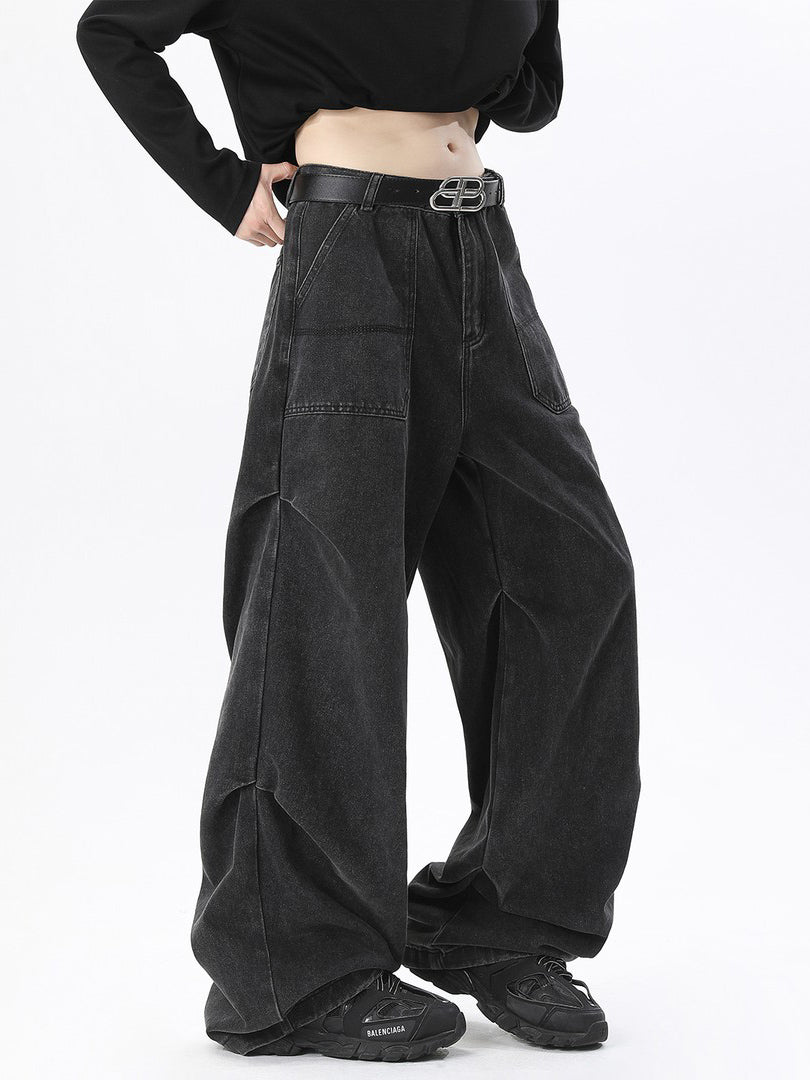 Ace Jolun Street‑Vintage Water‑Washed Black Cargo Pants