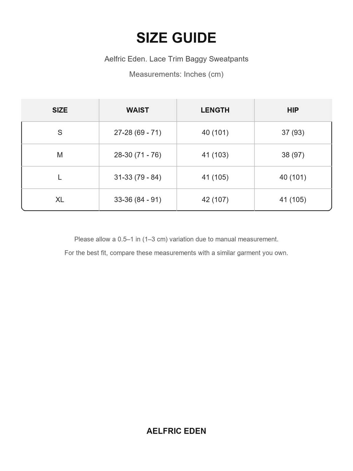 Aelfric Eden 50 size guide — Inches (cm)