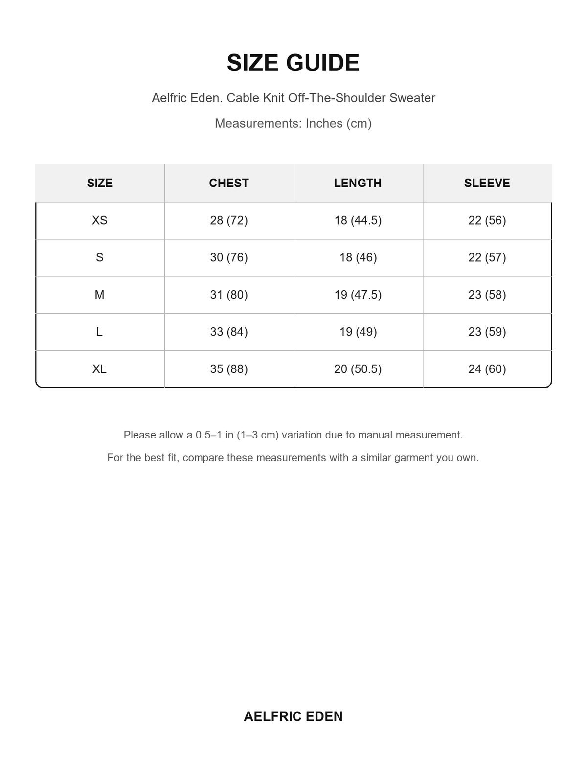 Aelfric Eden 51 size guide — Inches (cm)