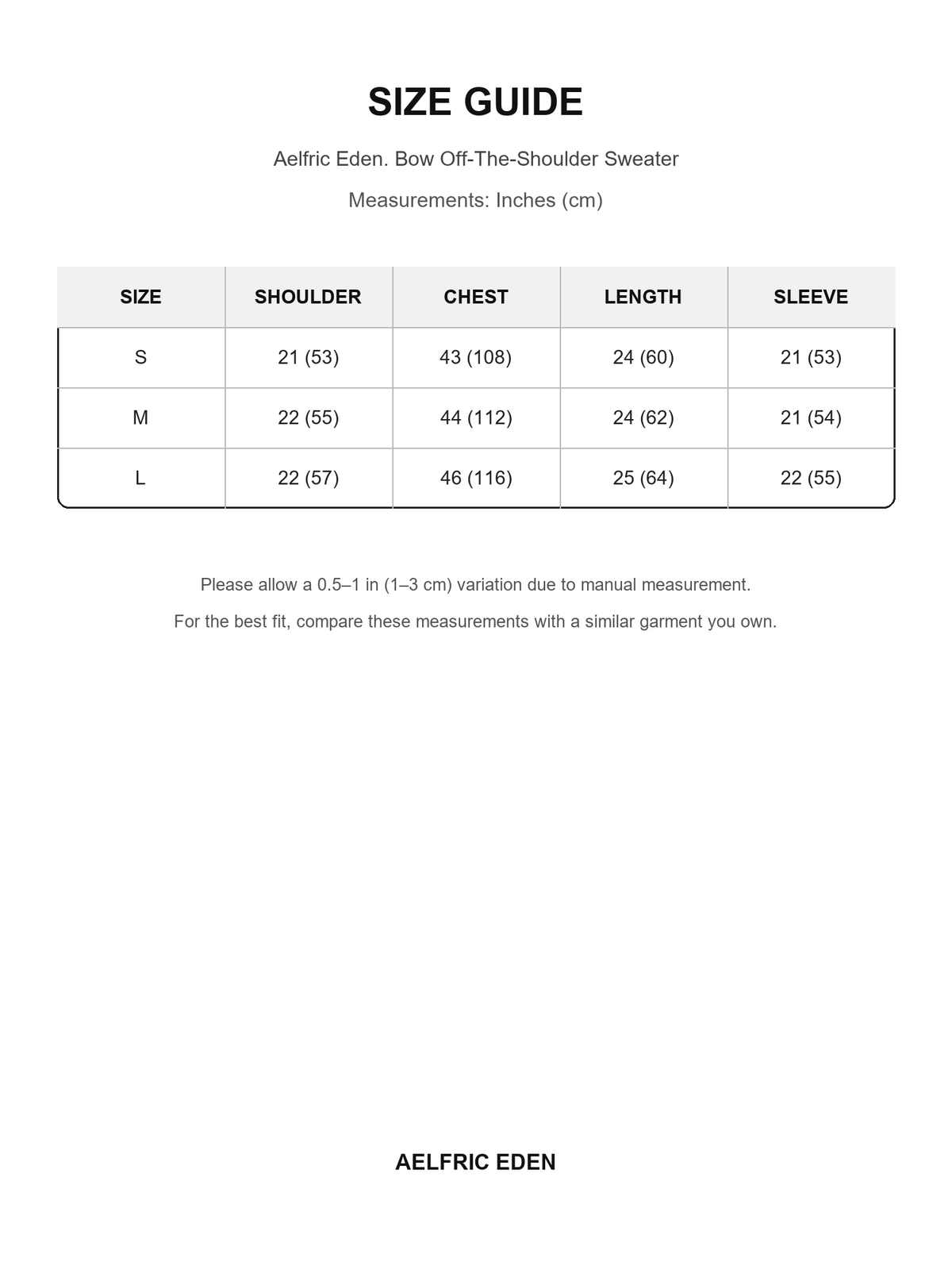Aelfric Eden 52 size guide — Inches (cm)