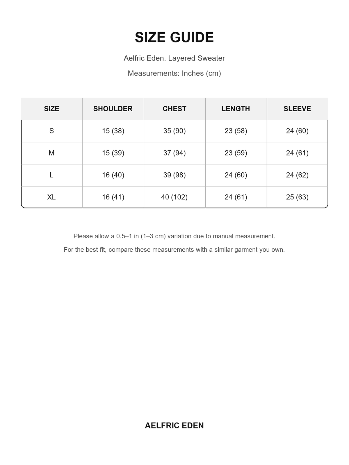 Aelfric Eden 53 size guide — Inches (cm)