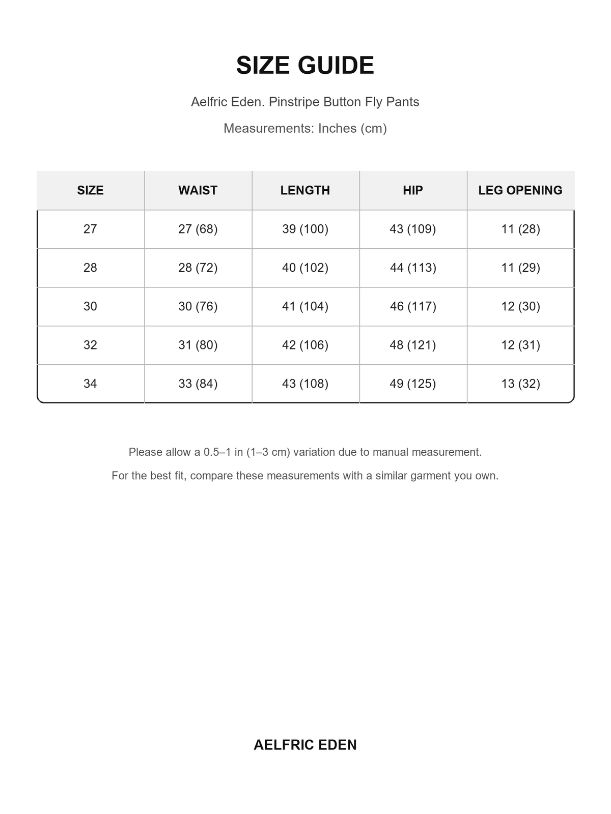 Aelfric Eden 54 size guide — Inches (cm)