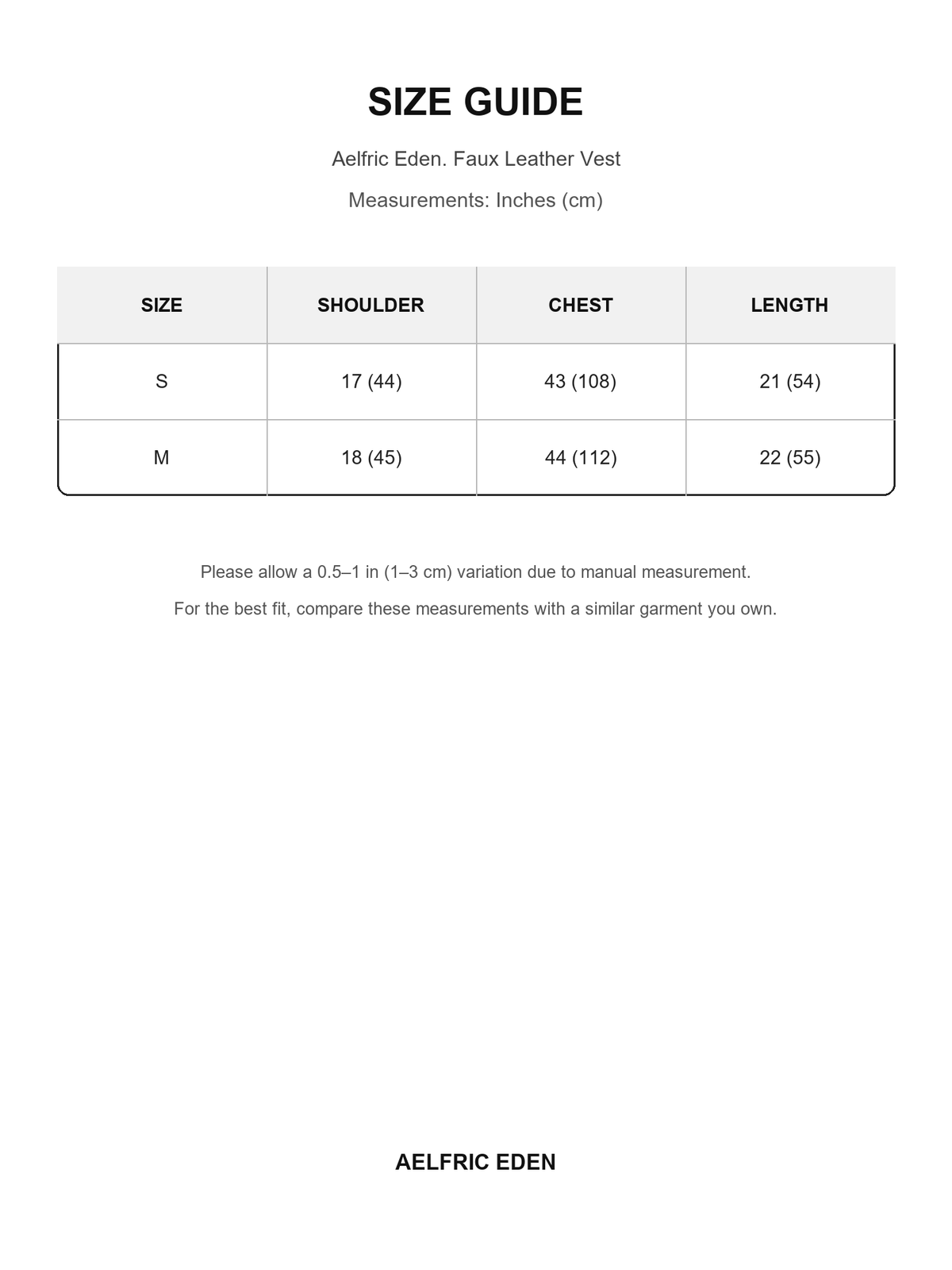 Aelfric Eden 55 size guide — Inches (cm)