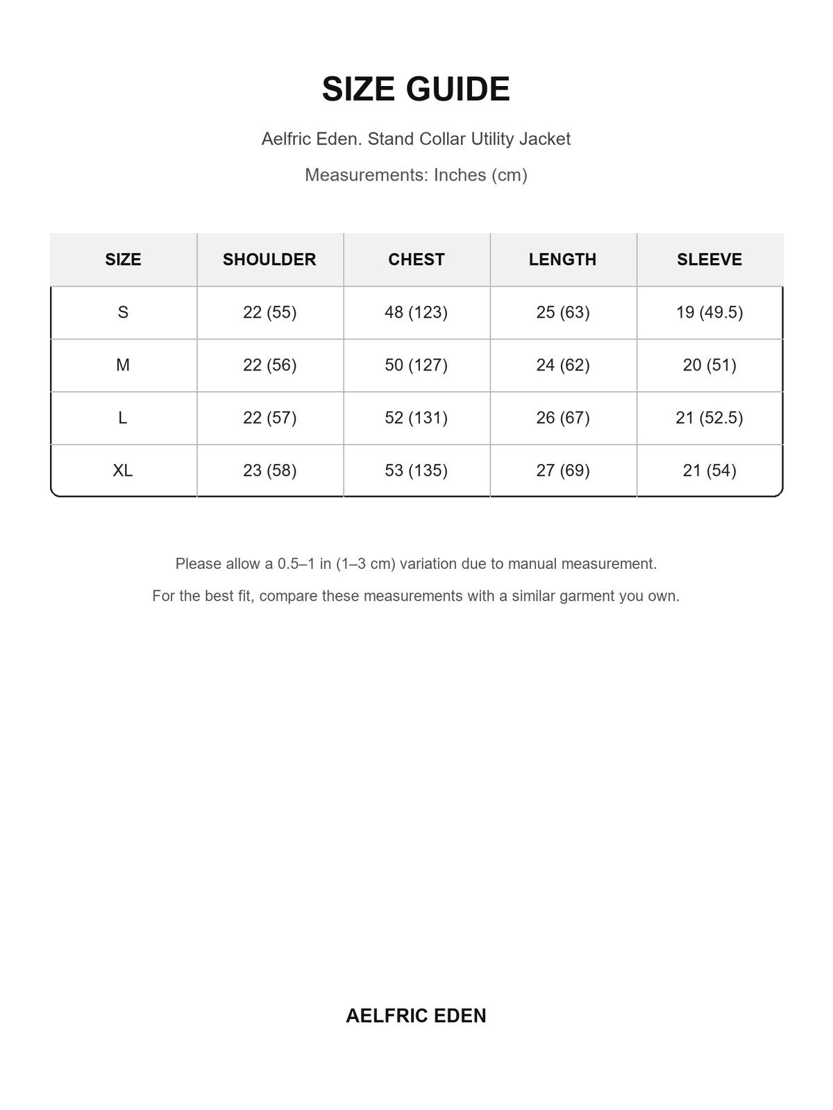 Aelfric Eden 56 size guide — Inches (cm)