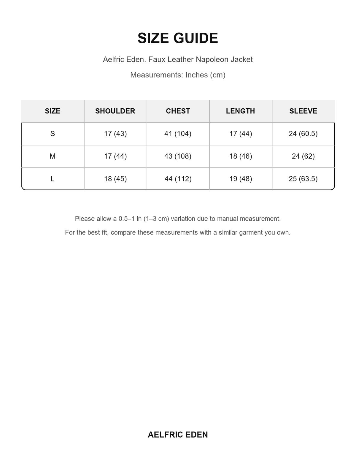 Aelfric Eden 57 size guide — Inches (cm)