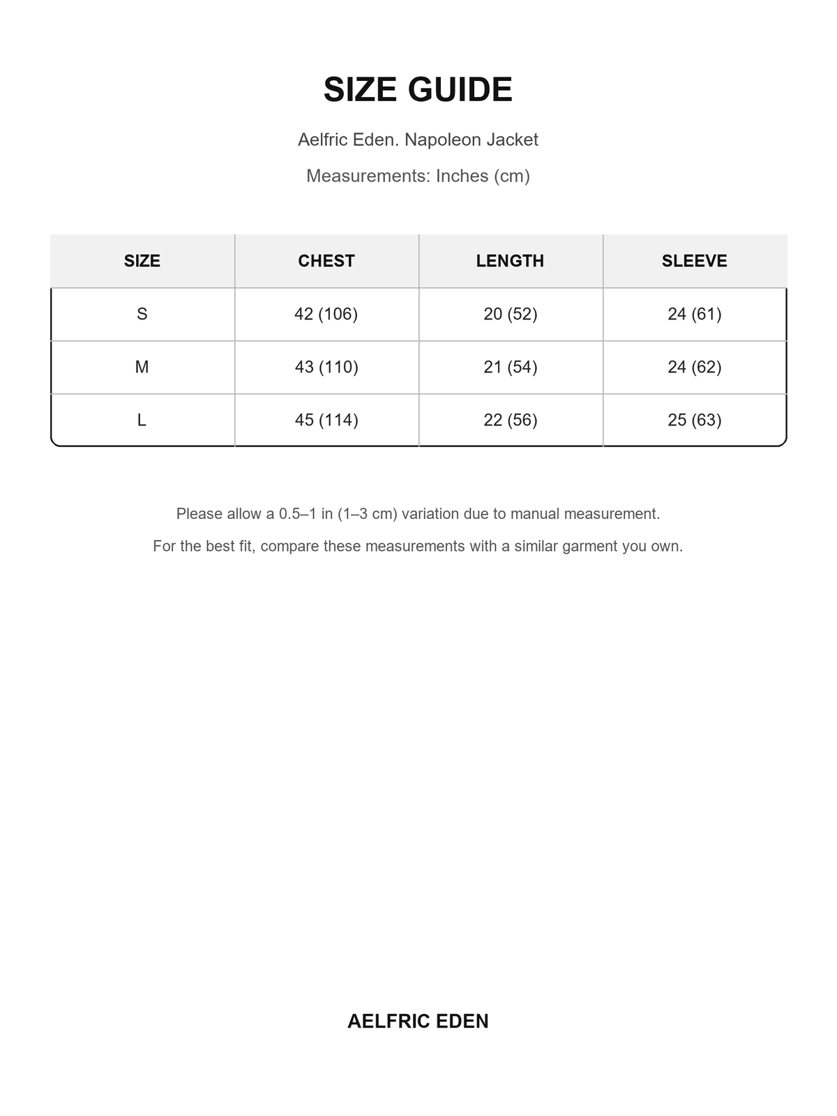 Aelfric Eden 58 size guide — Inches (cm)