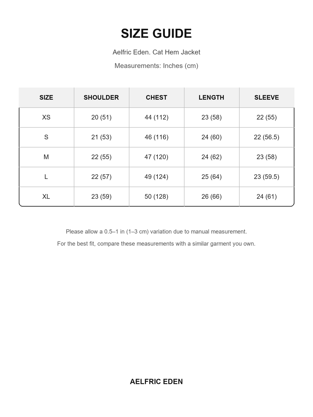 Aelfric Eden 59 size guide — Inches (cm)