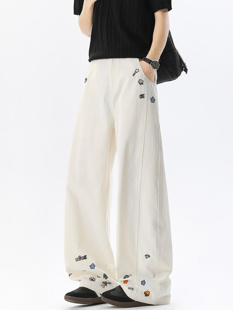 Ace Jolun Street‑Brand Cartoon‑Embroidered Curved‑Cut Cargo Pants