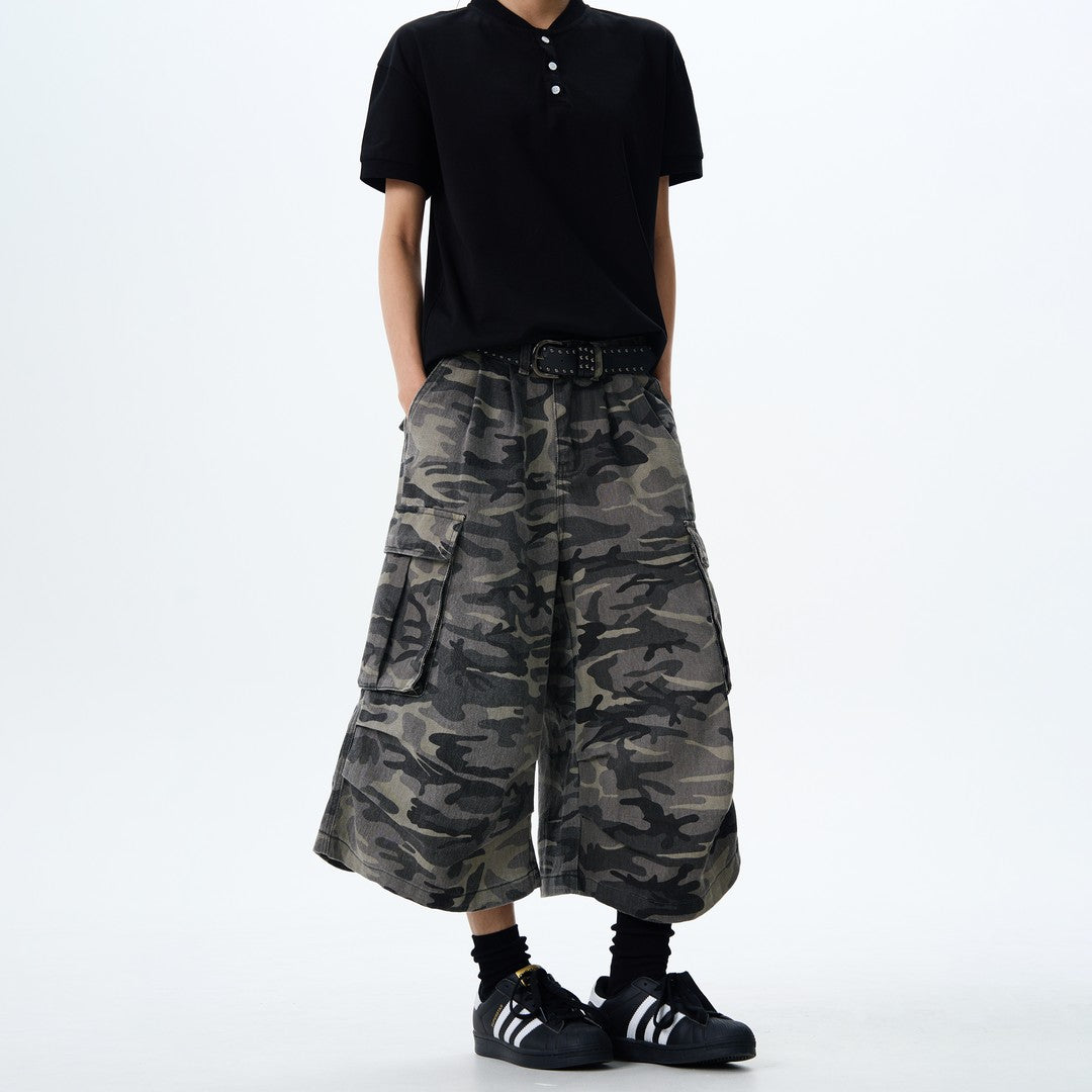 Ace Jolun Washed‑Distressed Camo Denim Shorts