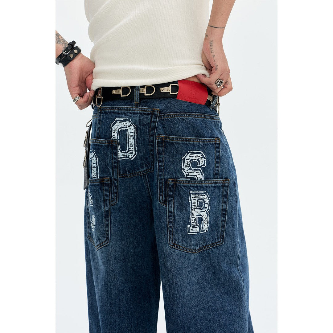 Ace Jolun Vintage‑Styled Multi‑Pocket Printed Straight‑Leg Jeans