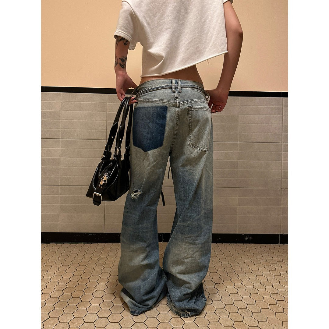 Ace Jolun Washed Whiskered Ripped Curved‑Cut Jeans
