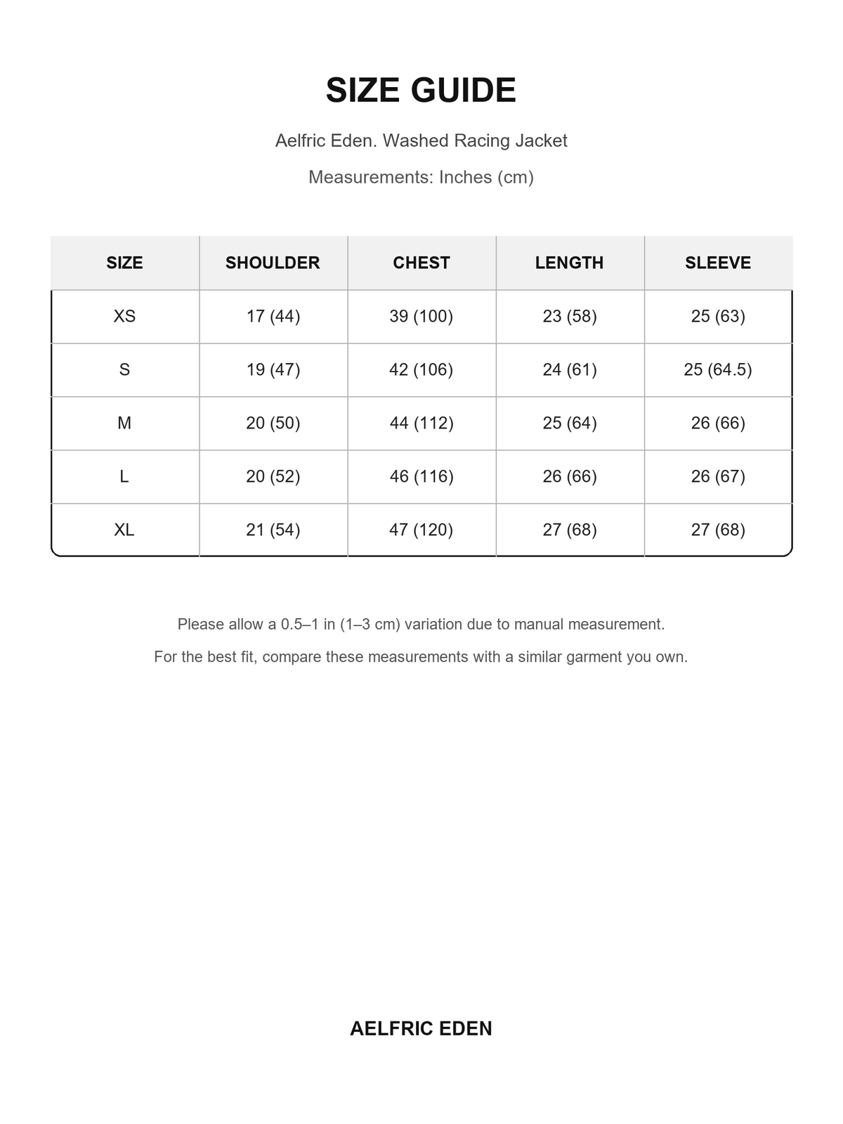 Aelfric Eden 60 size guide — Inches (cm)