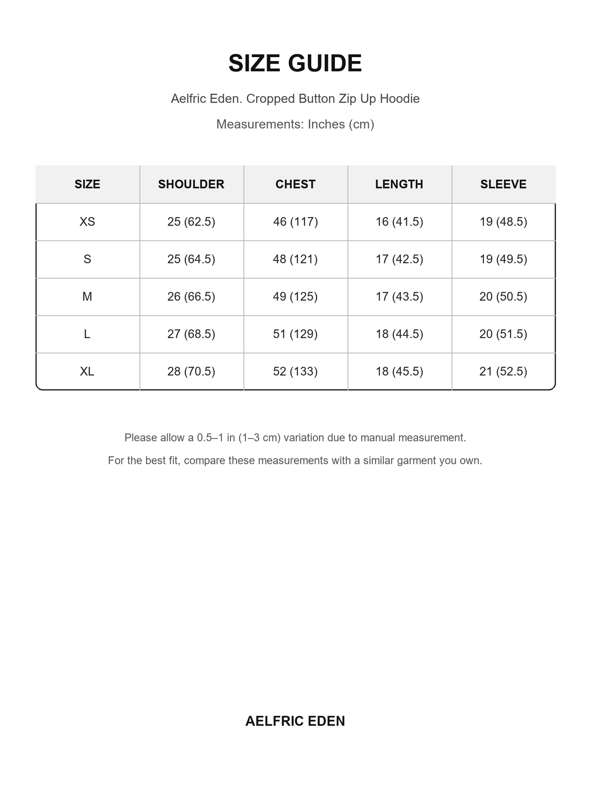 Aelfric Eden 61 size guide — Inches (cm)