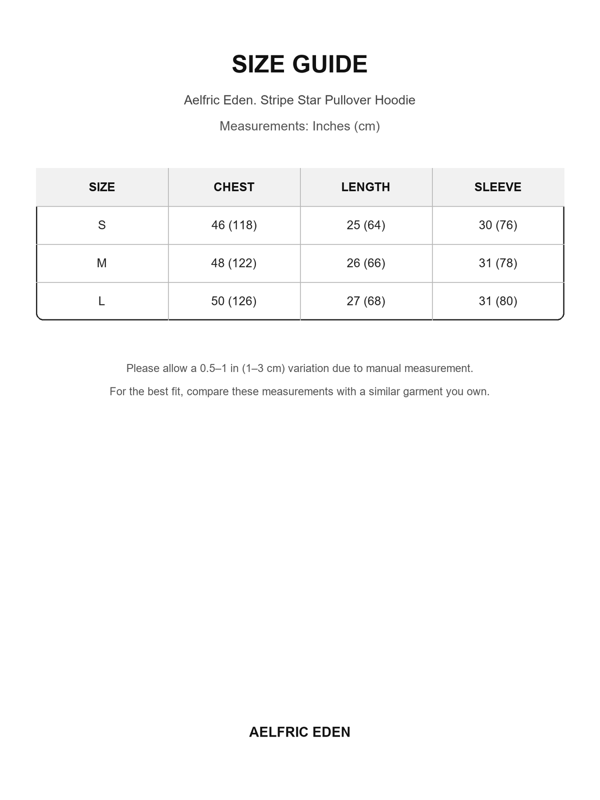 Aelfric Eden 62 size guide — Inches (cm)