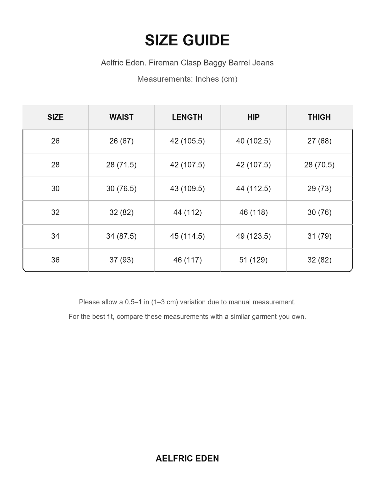 Aelfric Eden 68 size guide — Inches (cm)
