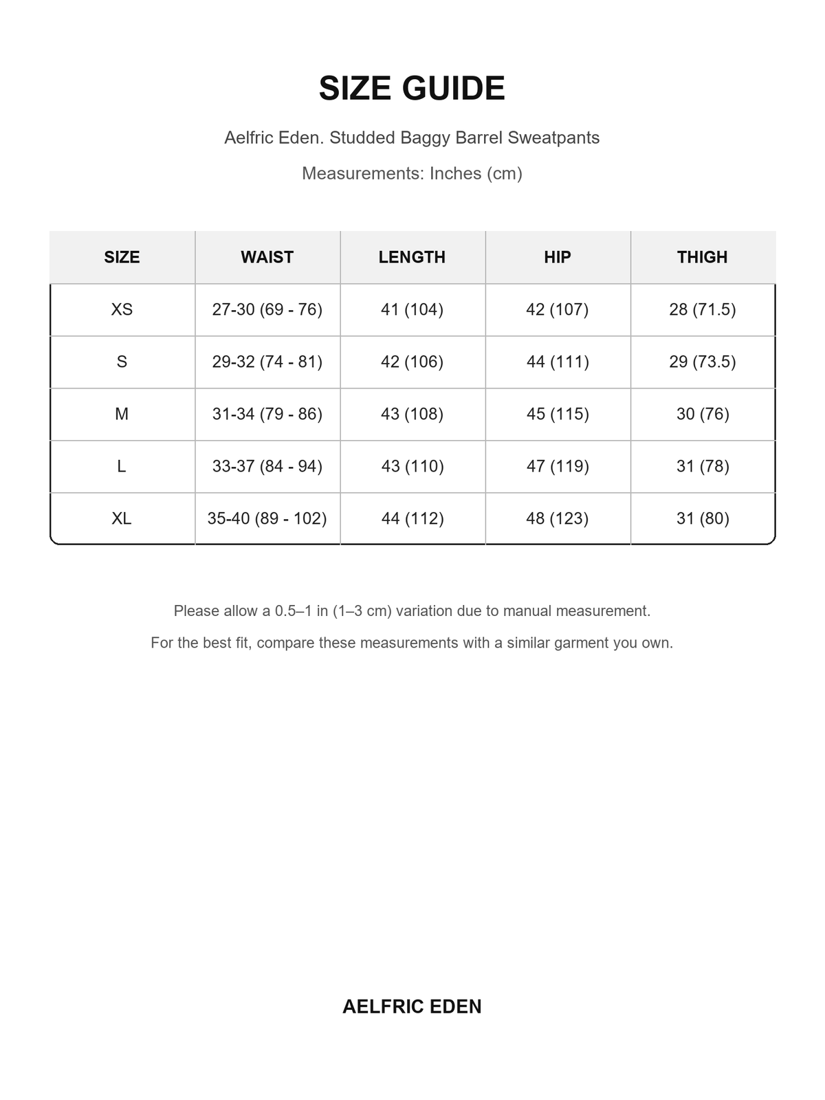 Aelfric Eden 70 size guide — Inches (cm)