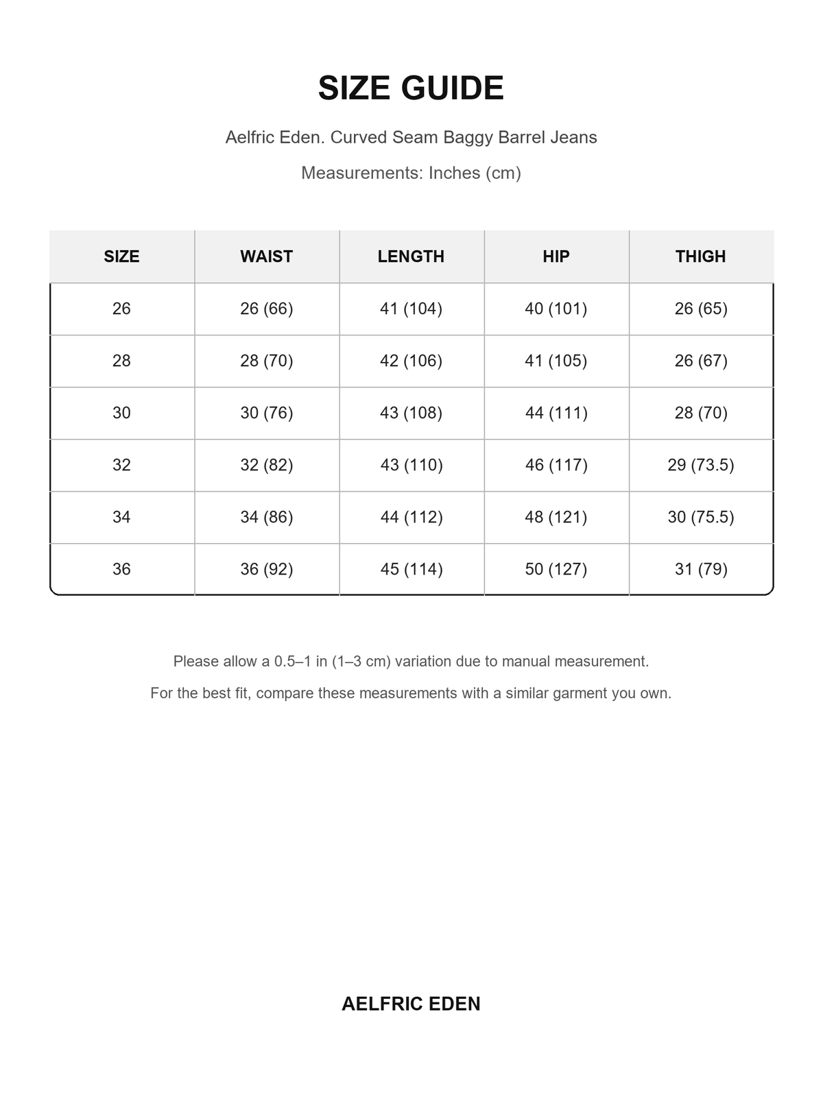 Aelfric Eden 71 size guide — Inches (cm)