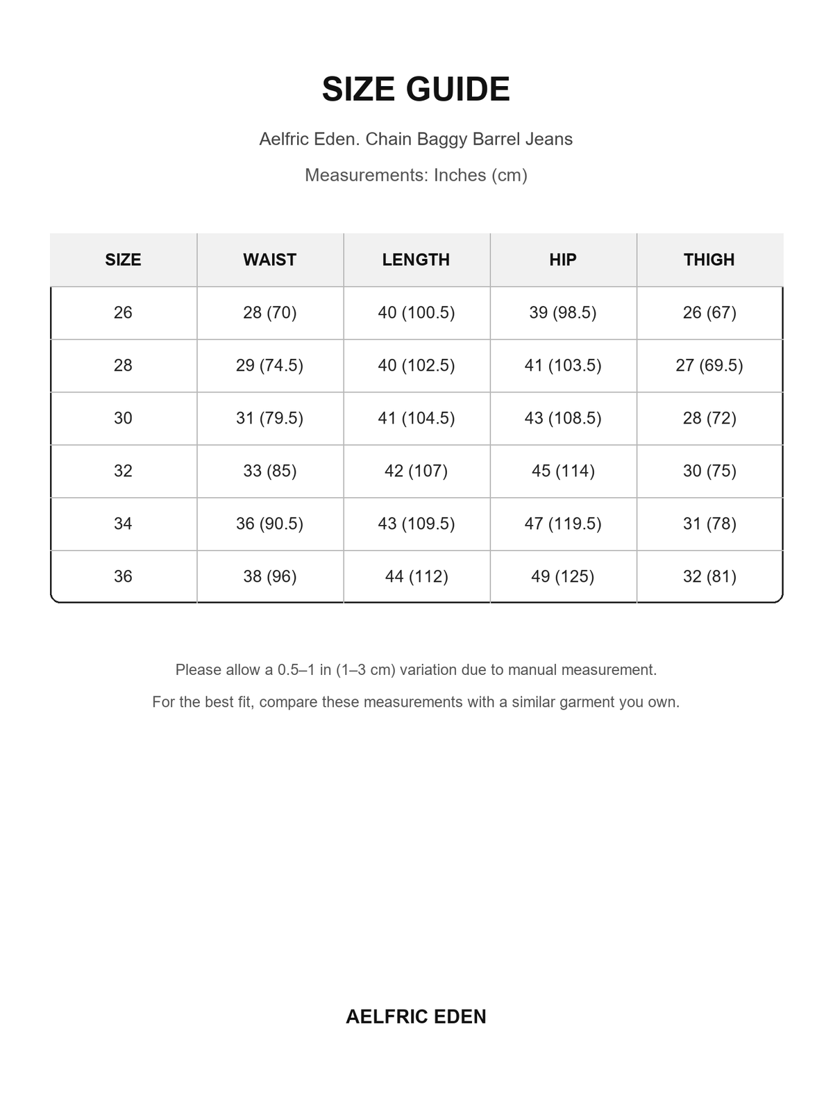 Aelfric Eden 72 size guide — Inches (cm)