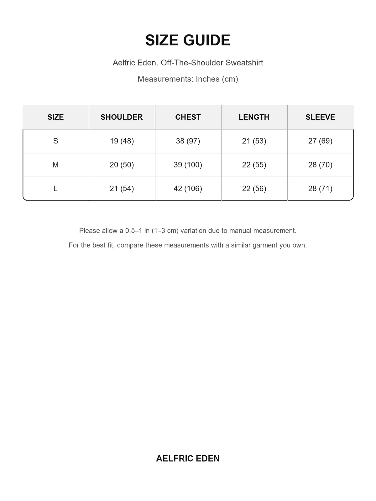 Aelfric Eden 73 size guide — Inches (cm)