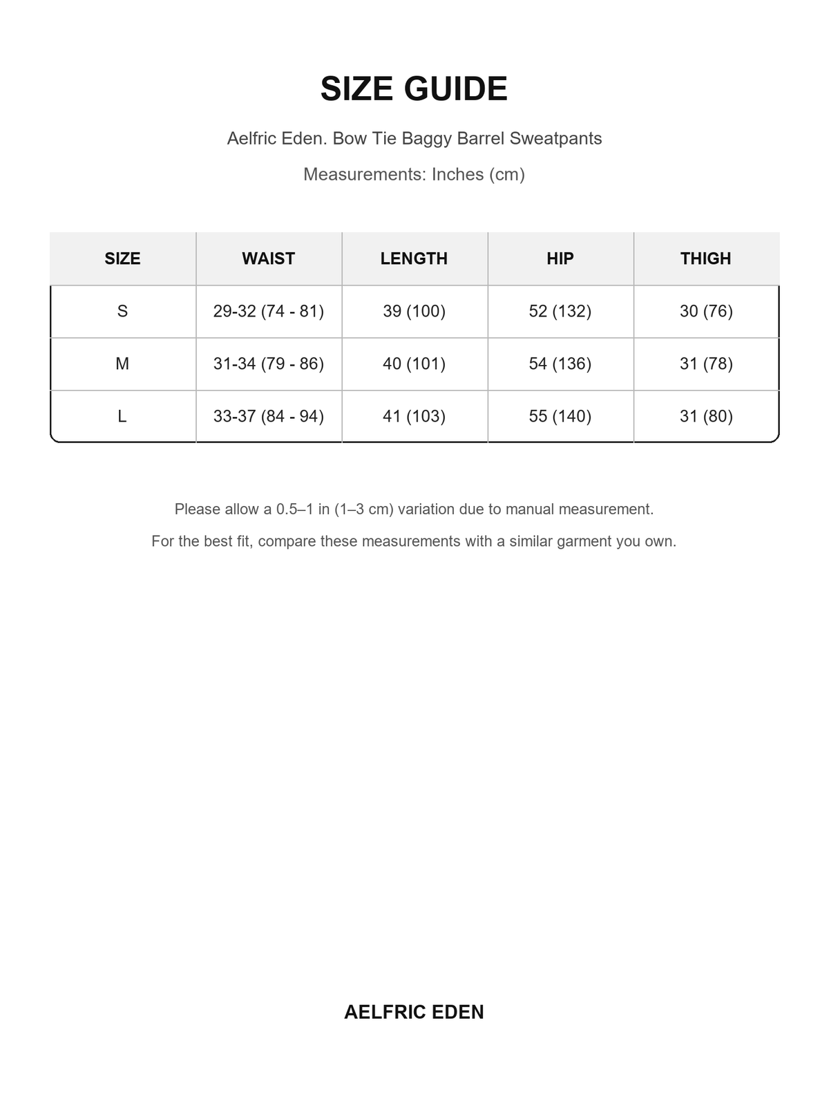 Aelfric Eden 74 size guide — Inches (cm)