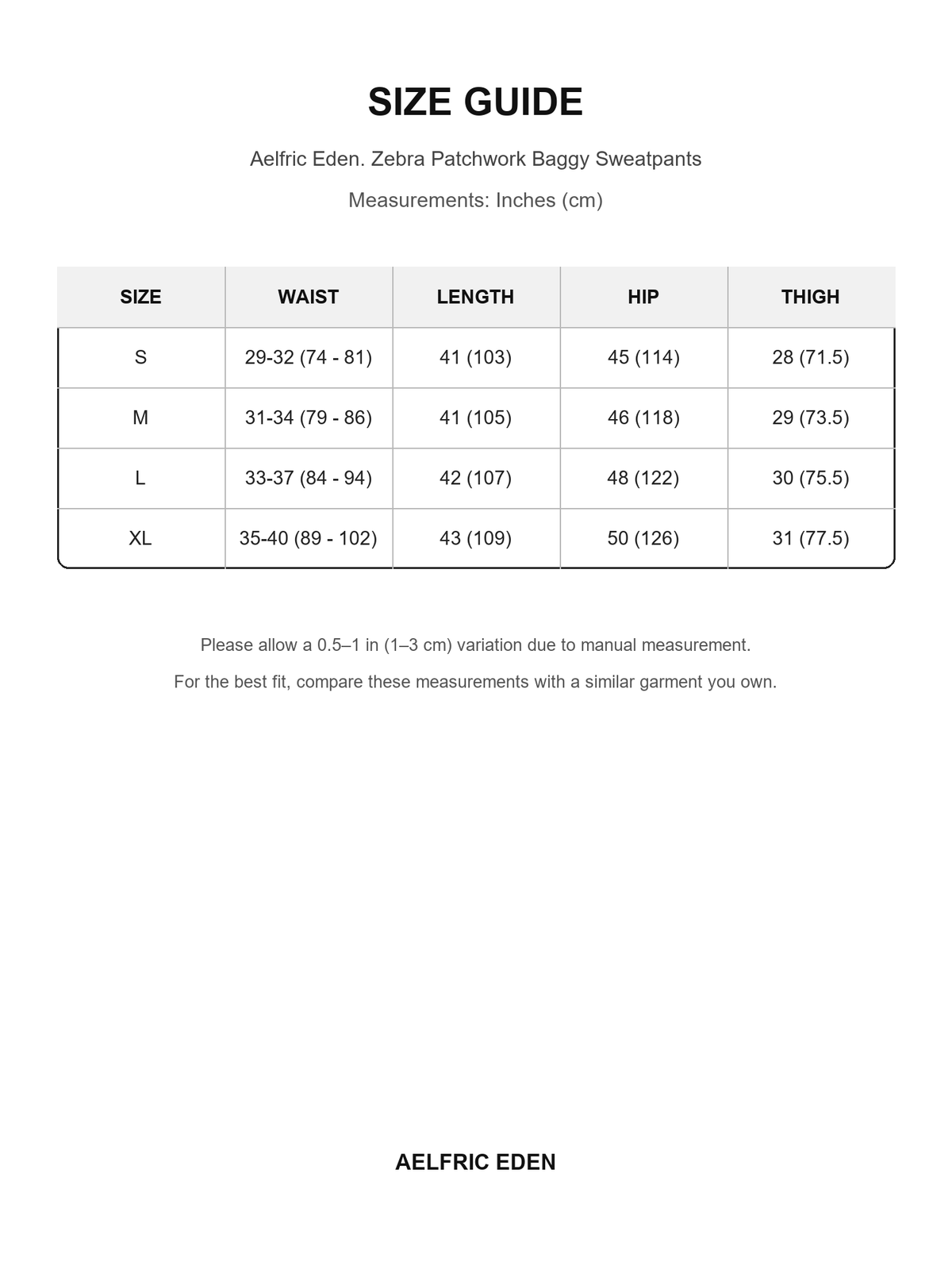 Aelfric Eden 75 size guide — Inches (cm)