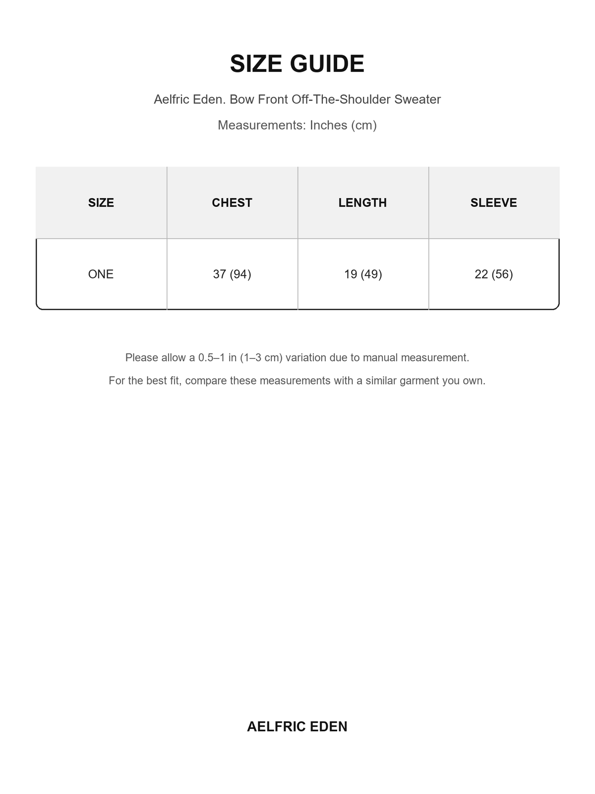 Aelfric Eden 77 size guide — Inches (cm)