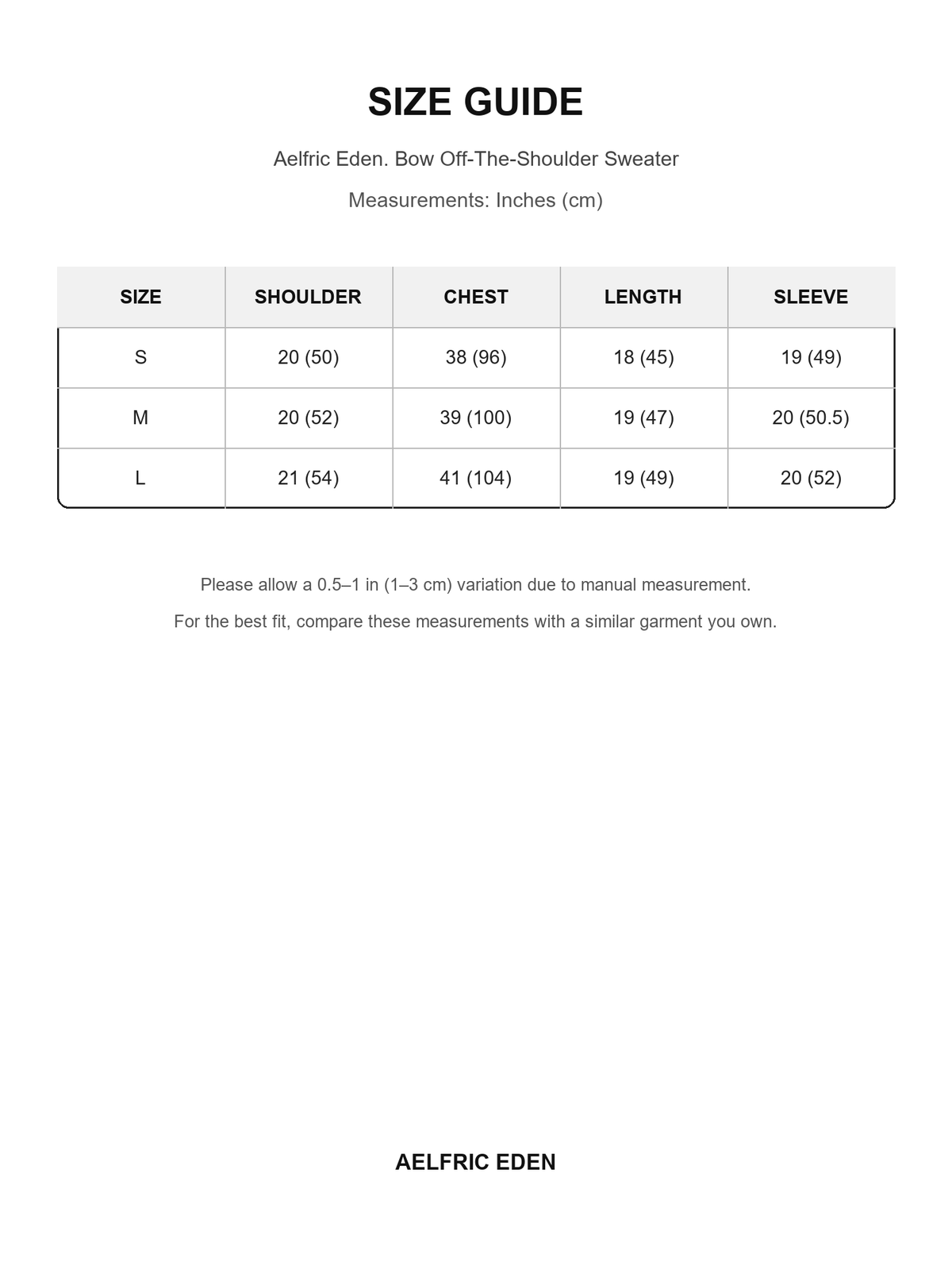 Aelfric Eden 78 size guide — Inches (cm)
