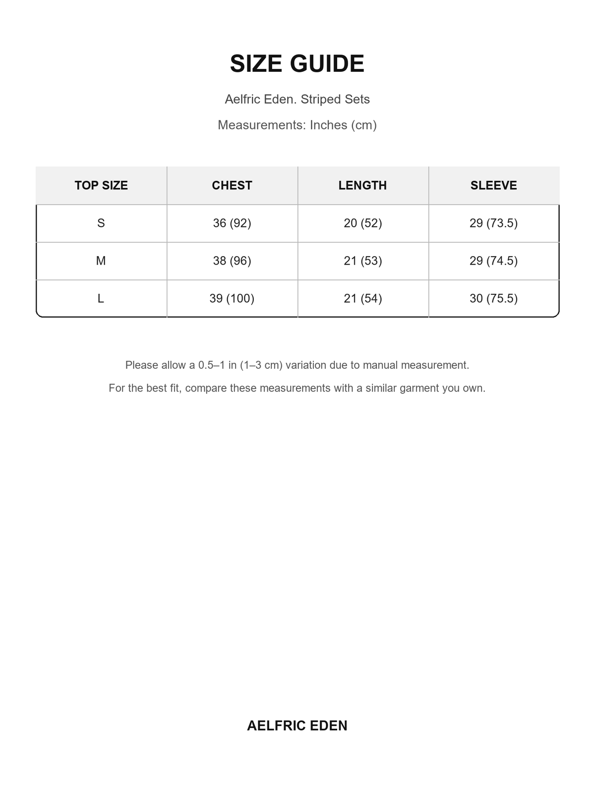 Aelfric Eden 79 size guide — Inches (cm)