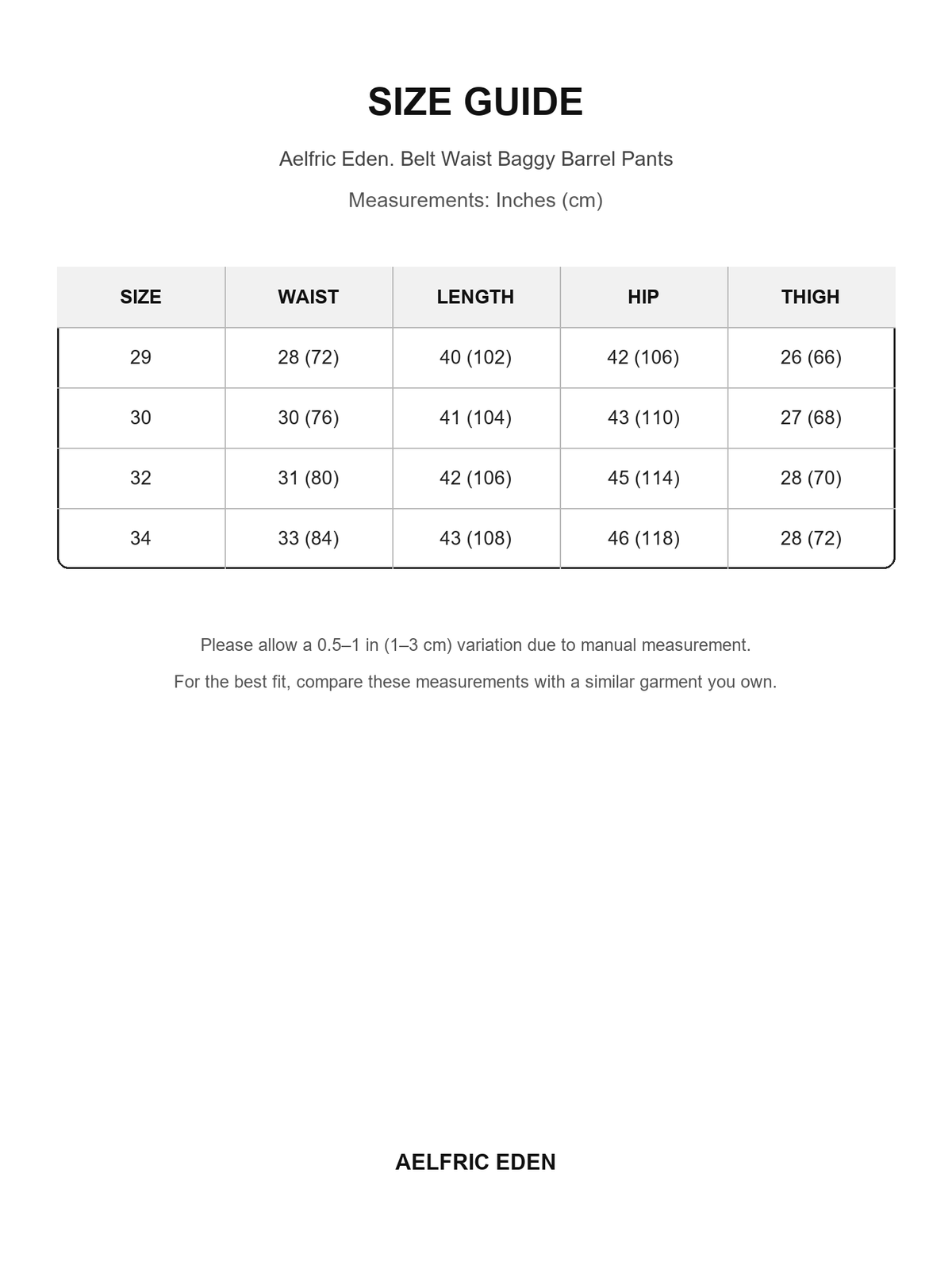 Aelfric Eden 81 size guide — Inches (cm)