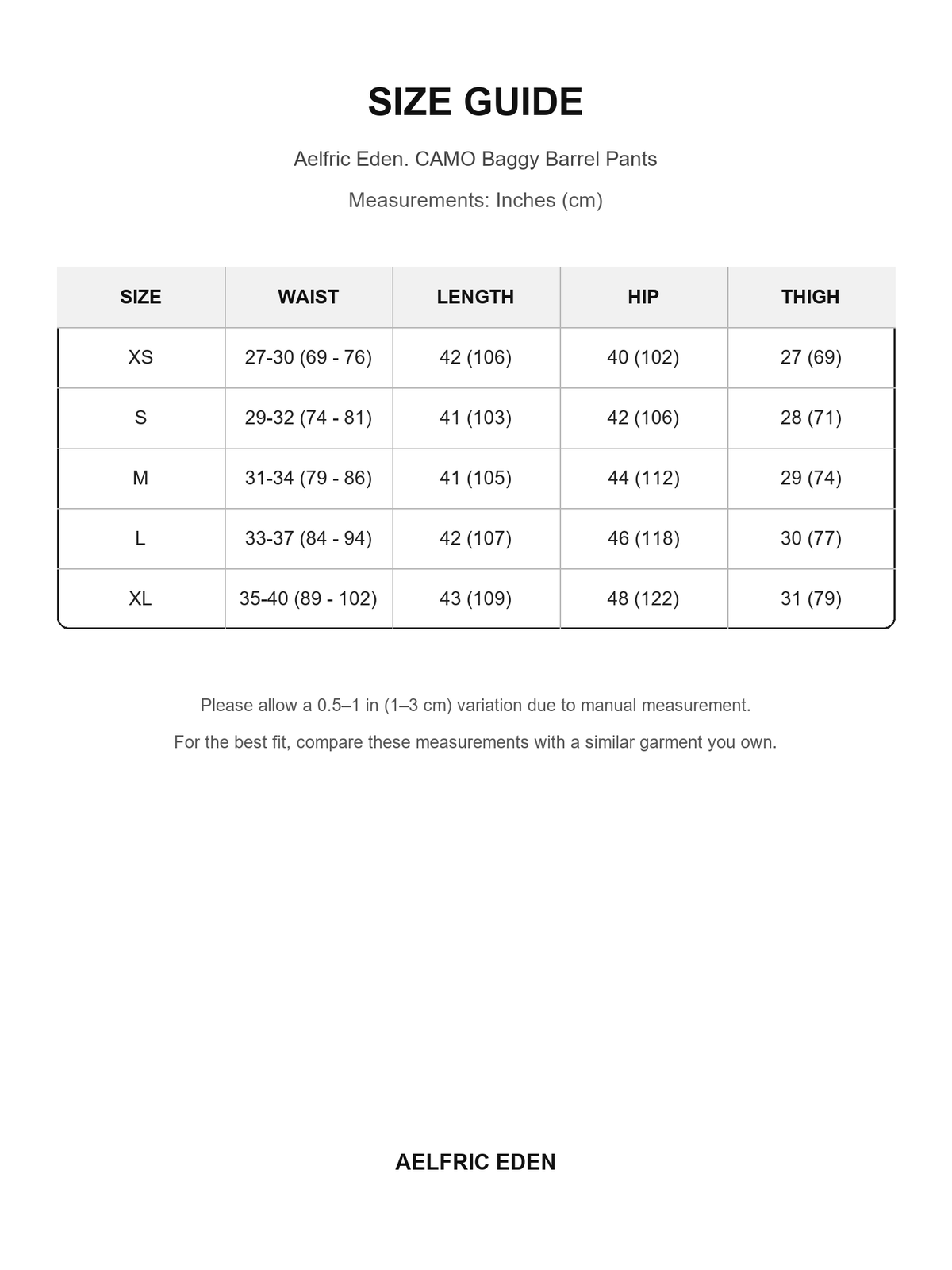Aelfric Eden 82 size guide — Inches (cm)