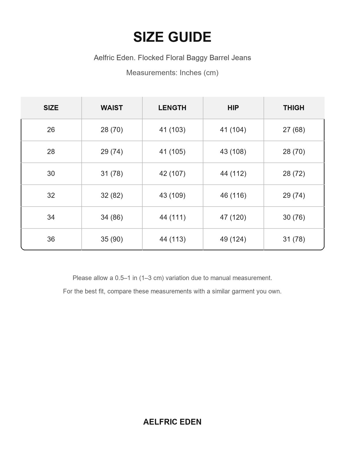 Aelfric Eden 83 size guide — Inches (cm)
