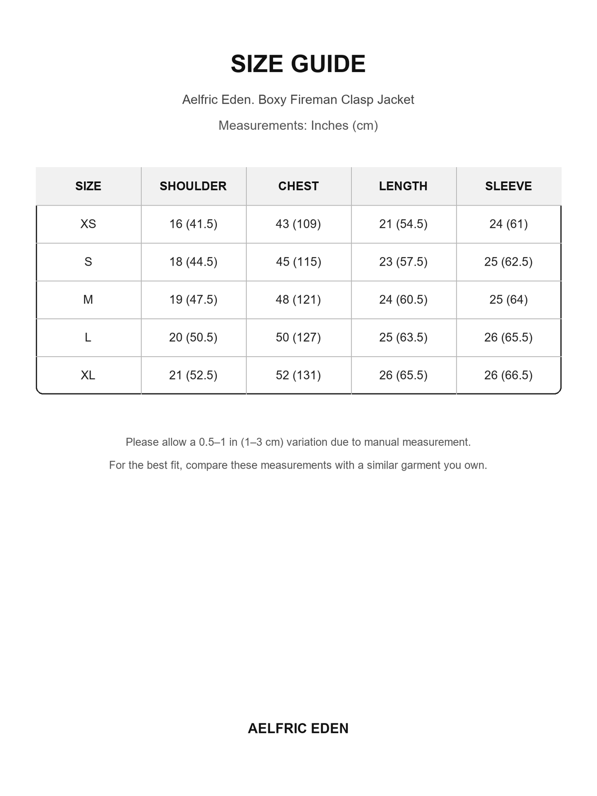 Aelfric Eden 84 size guide — Inches (cm)