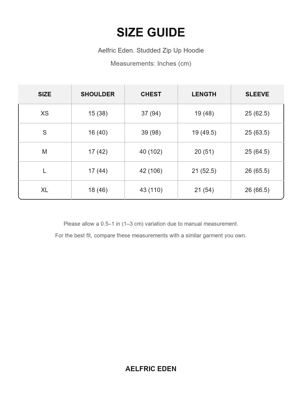 Aelfric Eden 85 size guide — Inches (cm)