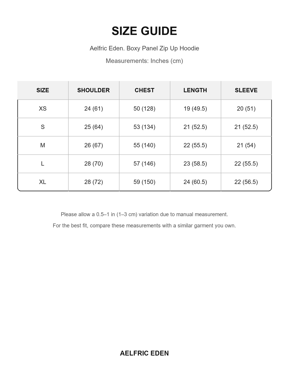 Aelfric Eden 86 size guide — Inches (cm)