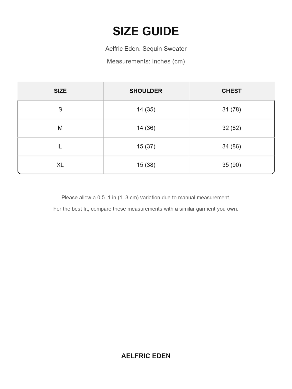 Aelfric Eden 89 size guide — Inches (cm)