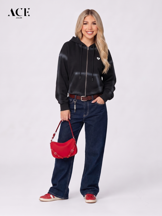 Marlennee.g Boxy Washed Double Zip Up Hoodie