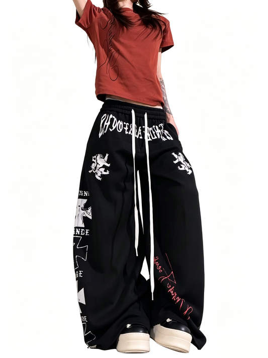 Ace Jolun Vintage Letter‑Print Spliced Curved‑Leg Pants