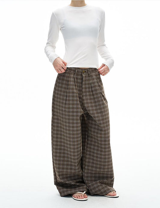Ace Jolun Old Money Style Pleated Plaid Casual Pants
