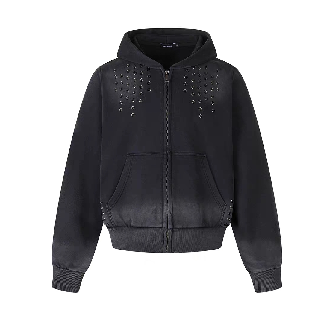 Eyelet Washed Zip Up Hoodie