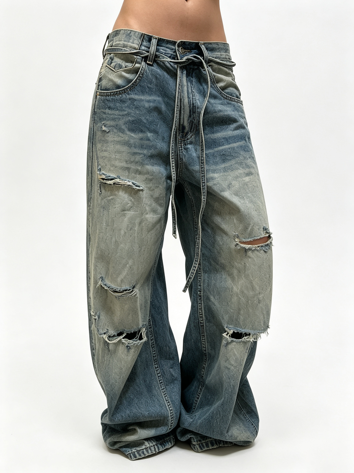 Ace Jolun Washed Whiskered Ripped Curved‑Cut Jeans