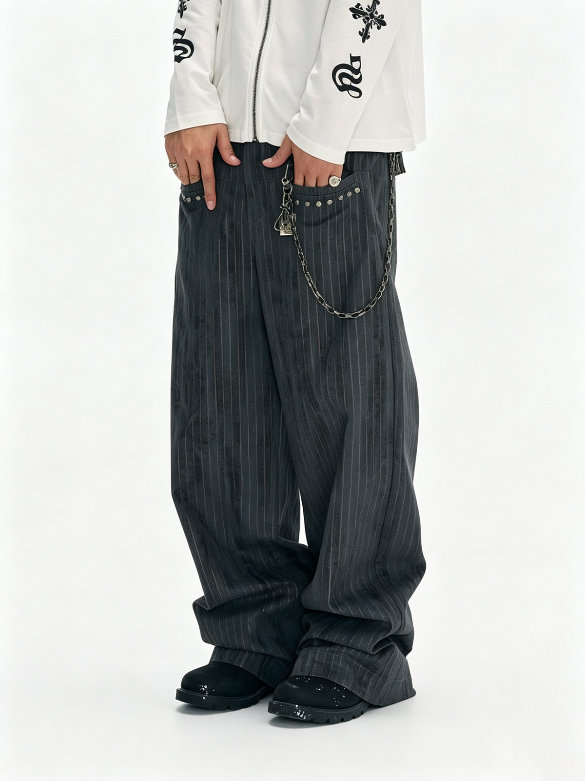 Ace Jolun Rivet‑Decorated Distressed Metal Vertical‑Stripe Casual Pants