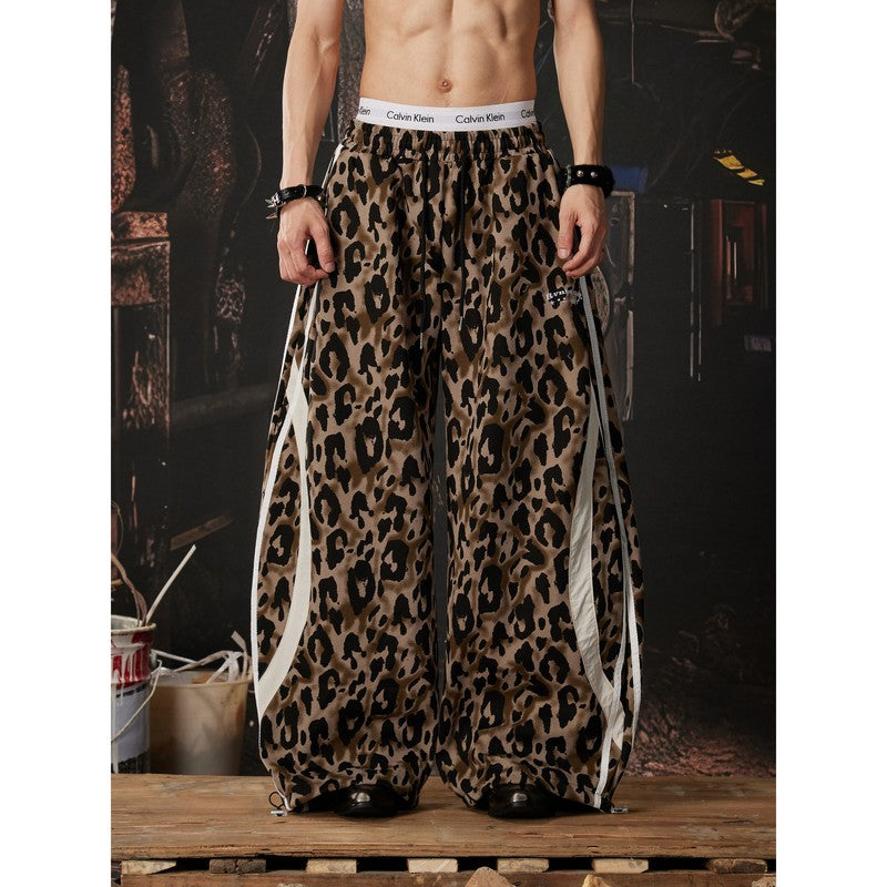 Ace Jolun【New Arrival】Alternative‑Style Leopard‑Print Faux‑Leather Line‑Detail Barrel‑Cut Pants